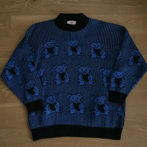 Vintage Adele Sweater Womens Large Blue Teddy Bear All Over Pullover 80s 90s USA